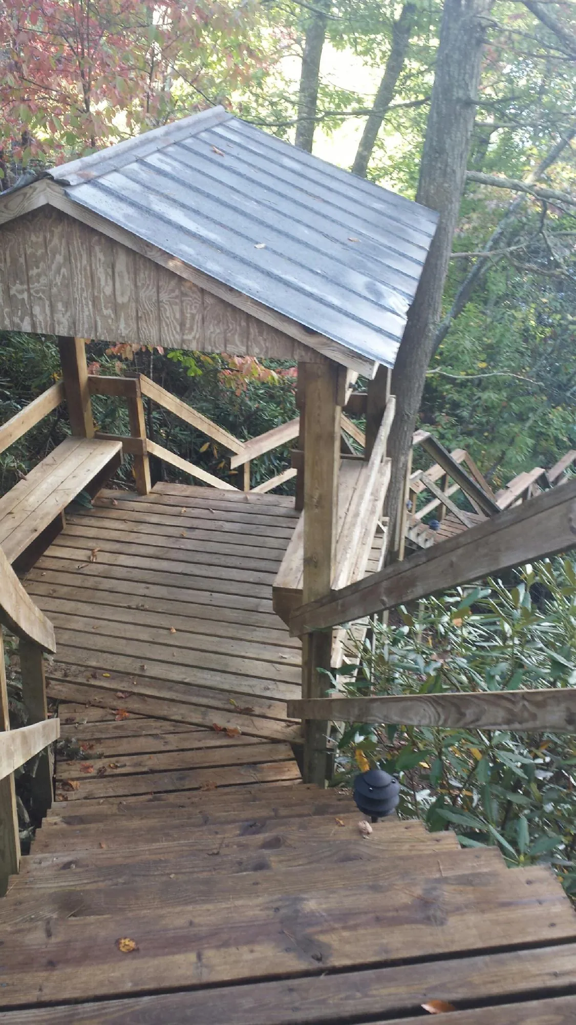 Metal roofed shelter over wooden steps on a wooded walkway — Skylight Repair & Installation work by our crew in Apulia Station